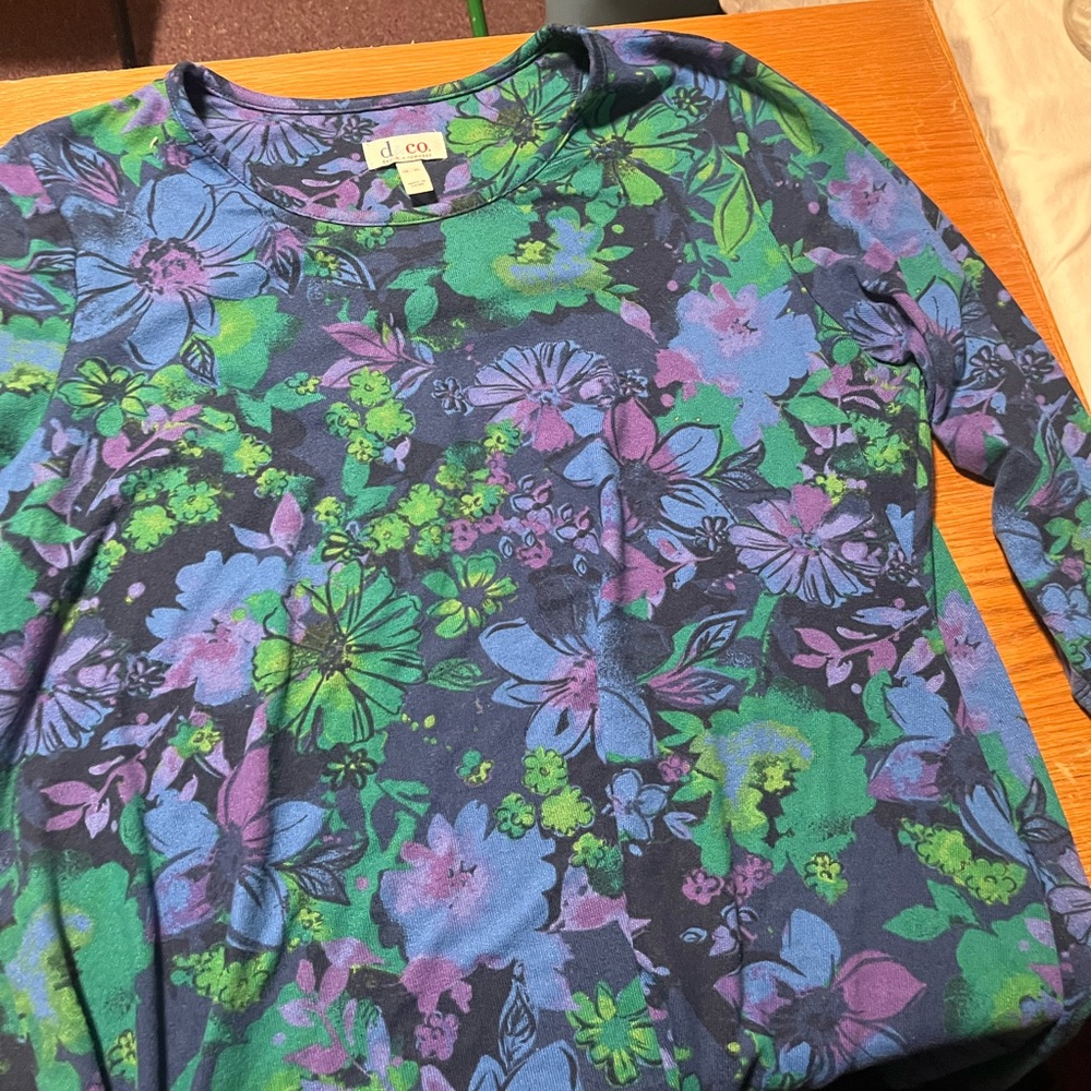 Blue and Green Relaxed Long Sleeve Blouse